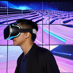 A dynamic, futuristic scene showcasing the "デジタル融合" (digital fusion) of a next-generation brand experience. In a sleek, modern event space, diverse individuals are seamlessly interacting with advanced technology. Some wear minimalist VR/AR headsets, immersed in vivid product simulations or virtual worlds. Others engage with large, transparent LED screens displaying interactive "ハイブリッドイベント" (hybrid event) content, where real-time online questions from "オンライン参加者" (online participants) blend with "オフラインの感動" (offline emotion). Glowing lines and particles connect physical attendees with digital projections, symbolizing "熱" (excitement) and "繋がり" (connection) across boundaries. The atmosphere is vibrant and evokes a sense of "没入感" (immersion) and cutting-edge innovation. Subtle Japanese characters (e.g., 次世代, 体験) could be integrated into the digital displays or architecture. High-tech, bright, seamless.