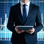 A professional leader in a modest business suit, standing in a dynamic, abstract digital environment, holding a sleek tablet displaying complex data visualizations and predictive trends. The leader gazes confidently forward, embodying foresight and strategic vision. The background features subtle, interconnected light lines and blurred digital elements, symbolizing the complexities of the VUCA era. Natural pose, perfect anatomy, correct proportions, well-formed hands, proper finger count, natural body proportions. Fully clothed, appropriate attire, modest clothing, professional dress, safe for work, appropriate content, professional.