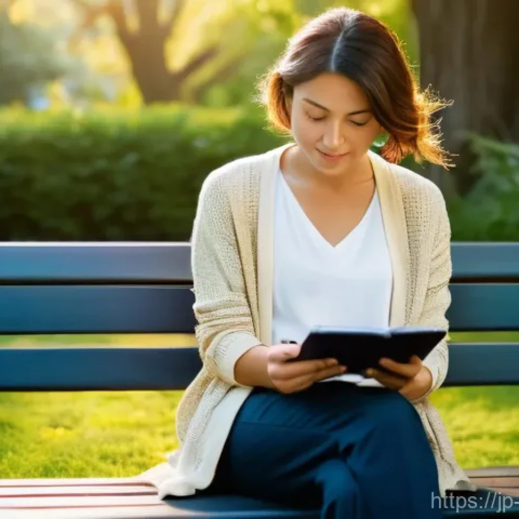브랜드 커뮤니케이션 전문가의 슬럼프 극복법 - **Prompt:** A young professional woman, in her late 20s to early 30s, sits serenely on a park bench ...