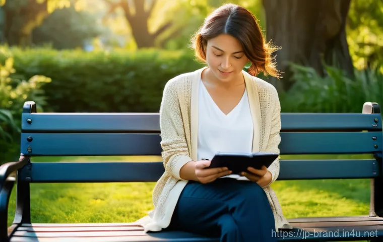 브랜드 커뮤니케이션 전문가의 슬럼프 극복법 - **Prompt:** A young professional woman, in her late 20s to early 30s, sits serenely on a park bench ...