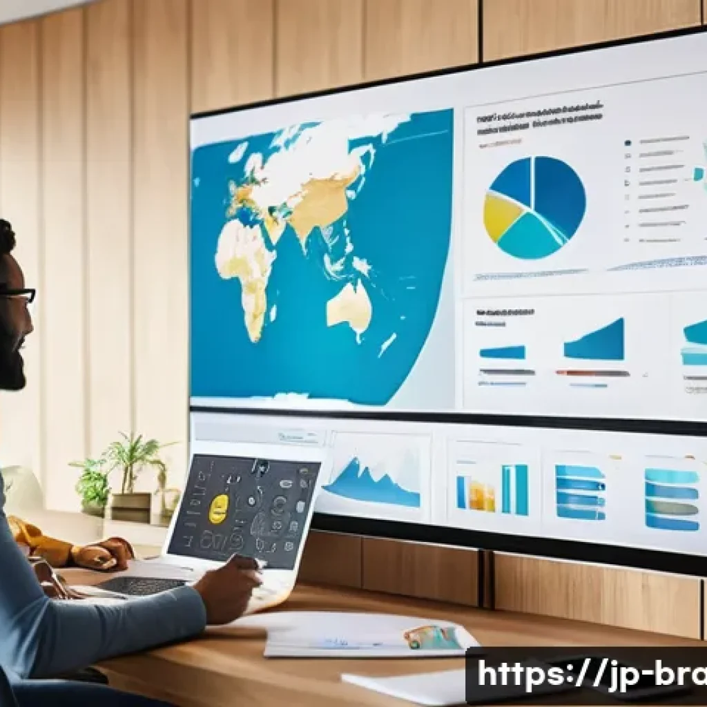 브랜드 커뮤니케이션과 글로벌 커뮤니케이션 차이 - A modern office scene showing a diverse global marketing team collaborating on brand communication s...