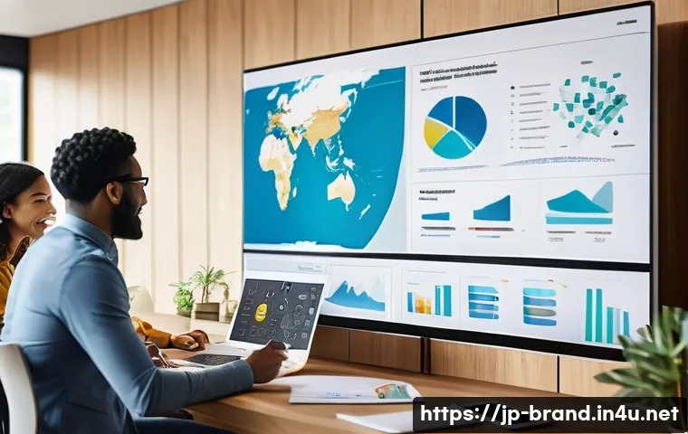 브랜드 커뮤니케이션과 글로벌 커뮤니케이션 차이 - A modern office scene showing a diverse global marketing team collaborating on brand communication s...