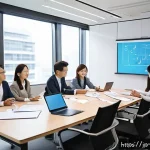 브랜드 커뮤니케이션 직무 인터뷰 사례 - A modern corporate office meeting room scene showing a diverse team of young Japanese professionals ...