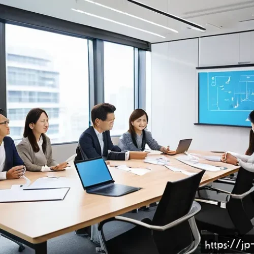 브랜드 커뮤니케이션 직무 인터뷰 사례 - A modern corporate office meeting room scene showing a diverse team of young Japanese professionals ...