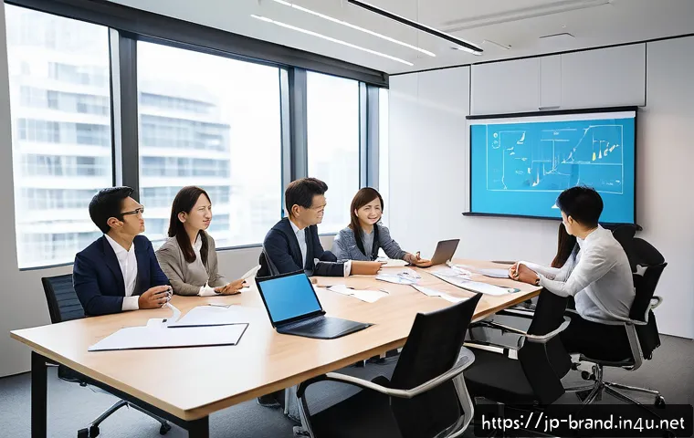 브랜드 커뮤니케이션 직무 인터뷰 사례 - A modern corporate office meeting room scene showing a diverse team of young Japanese professionals ...