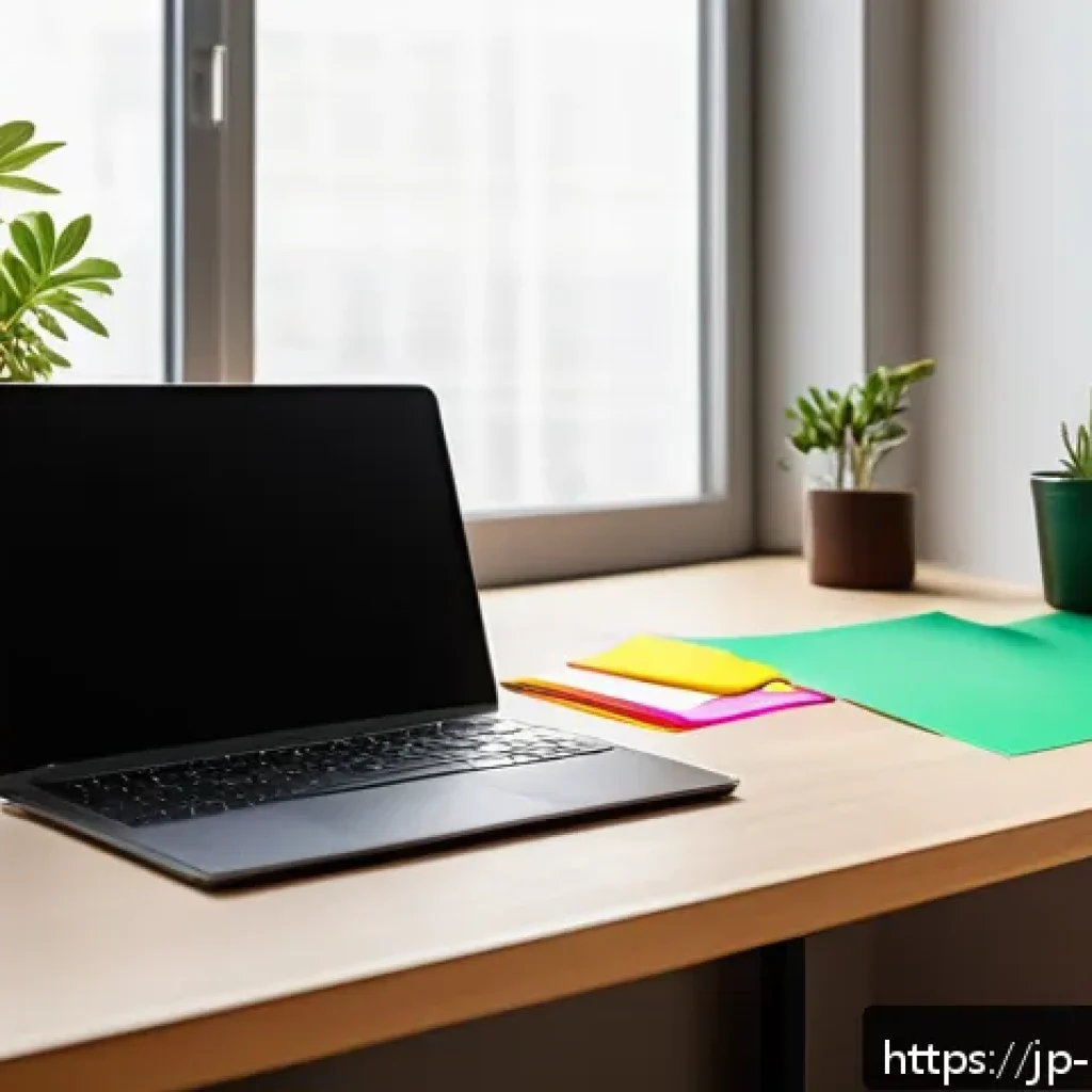 브랜드 커뮤니케이션 전문가의 시간 관리 노하우 - A modern Japanese home office setup showcasing a clean and organized desk with a sleek laptop displa...