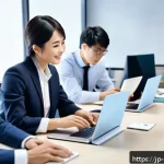 브랜드 커뮤니케이션 자격증 종류와 취득 방법 - A modern office scene with a diverse team of Japanese business professionals collaborating on a bran...