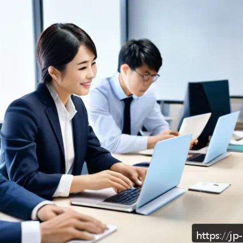 브랜드 커뮤니케이션 자격증 종류와 취득 방법 - A modern office scene with a diverse team of Japanese business professionals collaborating on a bran...