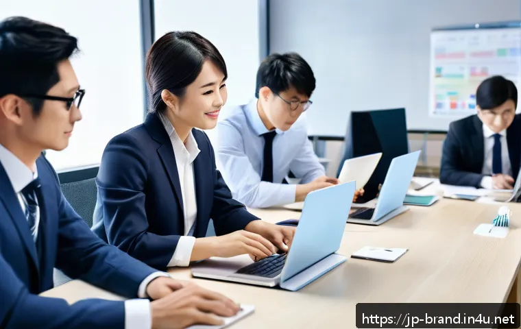 브랜드 커뮤니케이션 자격증 종류와 취득 방법 - A modern office scene with a diverse team of Japanese business professionals collaborating on a bran...