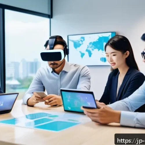 브랜드 마케팅과 커뮤니케이션의 연결고리 - A modern digital marketing scene in a stylish Japanese office, featuring a diverse team of young pro...