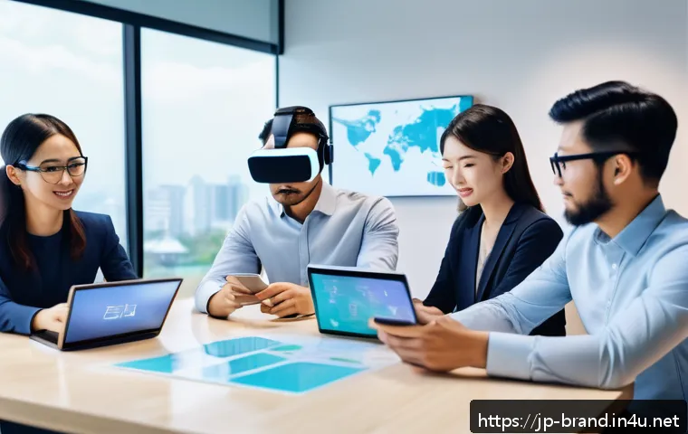 브랜드 마케팅과 커뮤니케이션의 연결고리 - A modern digital marketing scene in a stylish Japanese office, featuring a diverse team of young pro...