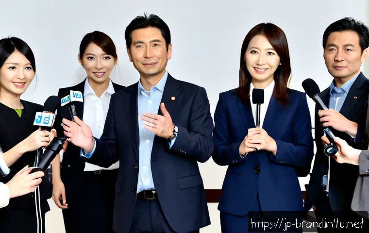 브랜드 커뮤니케이션에서 PR과 광고의 역할 - Photorealistic modern Japanese corporate communications team hosting a press briefing, confident spo...